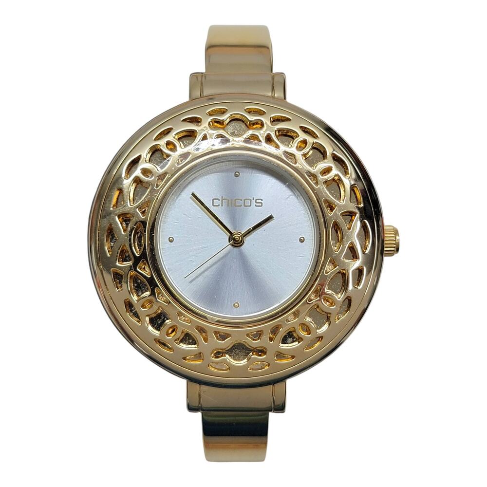 Chicos Portia Watch Womens Gold Tone Openwork Filigree Cuff Bangle New Battery